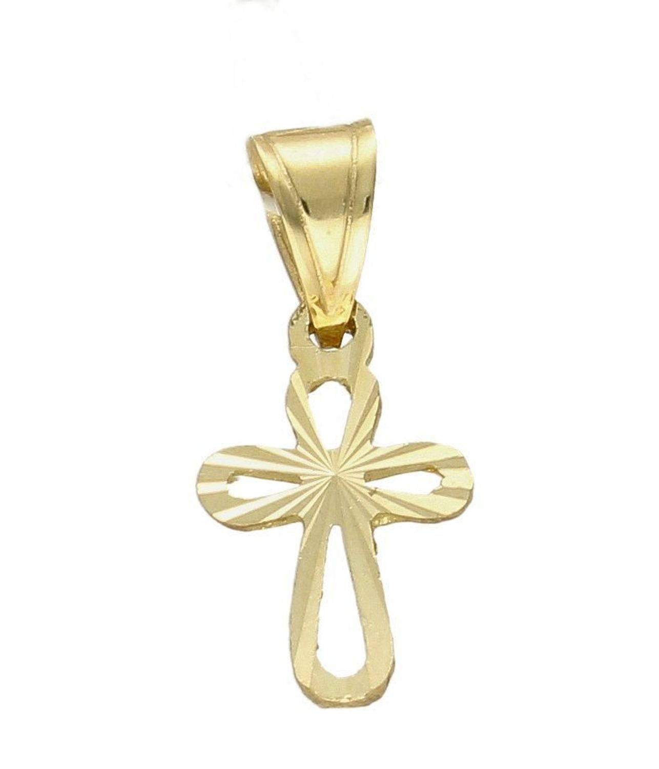 Złota zawieszka na łańcuszek krzyżyk mały diamentowany DIA-ZAW-0452-585. Złoty wisiorek krzyżyk to biżuteria sakralna, która sprawdzi się jako prezent na takie okazje jak chrzest, bierzmowanie czy komunia..jpg
