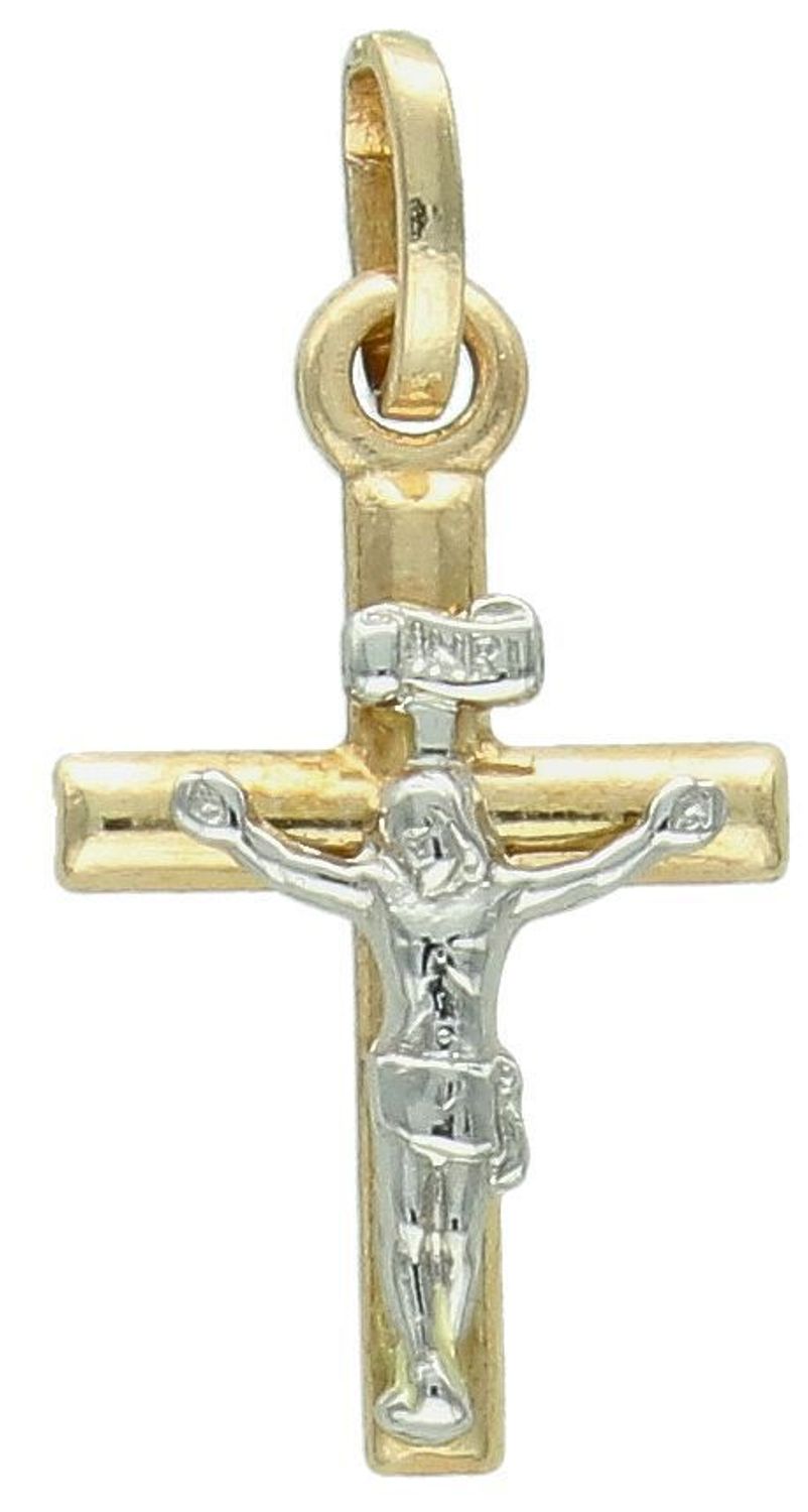Zawieszka złoty krzyż z wizerunkiem Jezusa białe złoto próba 585, DIA-ZAW-0453-585. Złoty wisiorek krzyżyk, wykonany z żółtego i białego złota. Biżuteria sakralna. 1.jpg