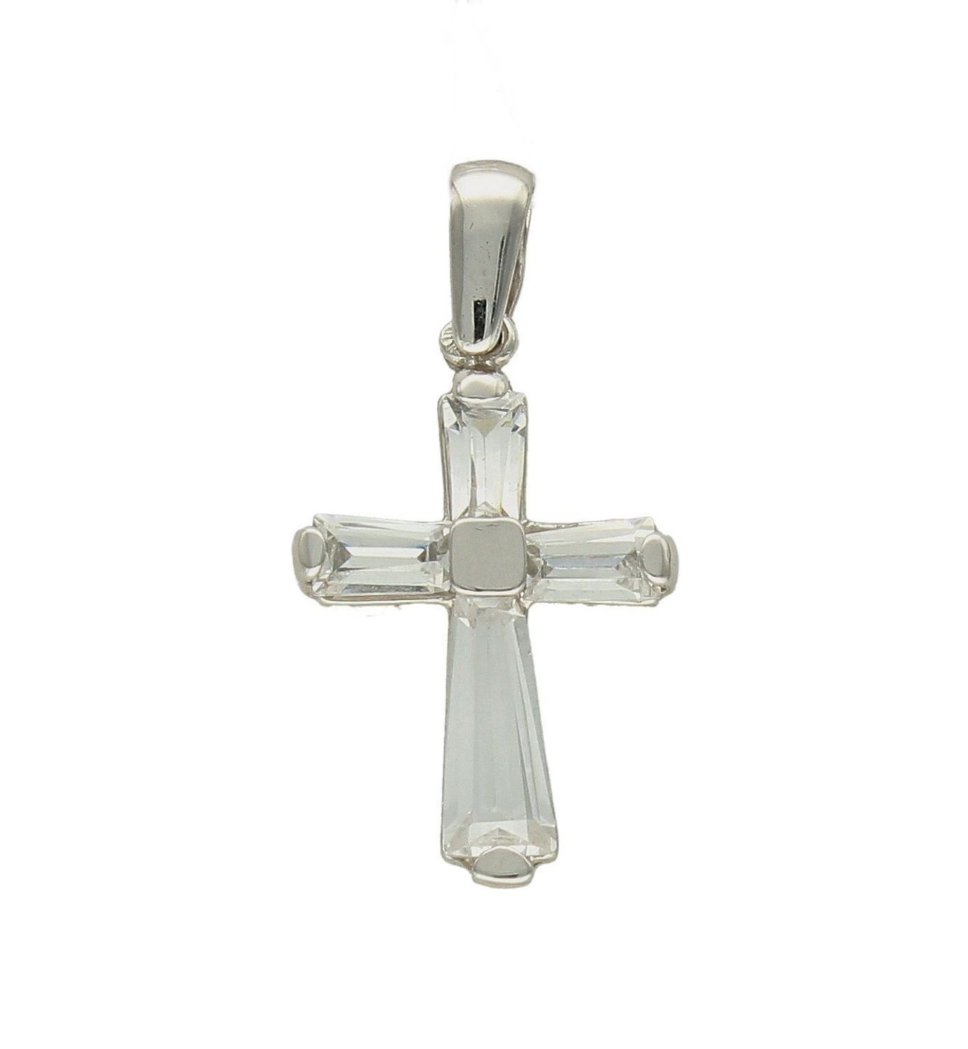 Złota zawieszka 585 krzyżyk w białym złocie DIA-ZAW-0463-585. Krzyżyk będzie wspaniałą pamiątką i prezentem na różne okazje jak chrzest, bierzmowanie czy pierwsza komunia. Krzyżyk wykonany z próby złota 585. Na prezent..jpg