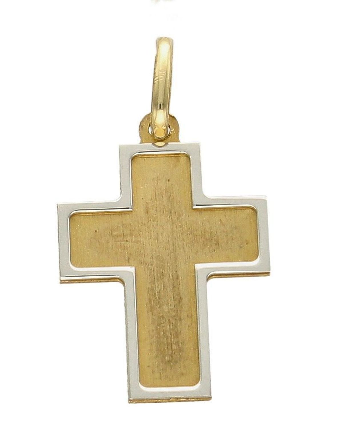 Złota zawieszka na łańcuszek krzyżyk matowy z białym złotem DIA-ZAW-0471-585. Złoty wisiorek krzyżyk to biżuteria sakralna, która sprawdzi się jako prezent na takie okazje jak chrzest, bierzmowanie czy komunia..jpg