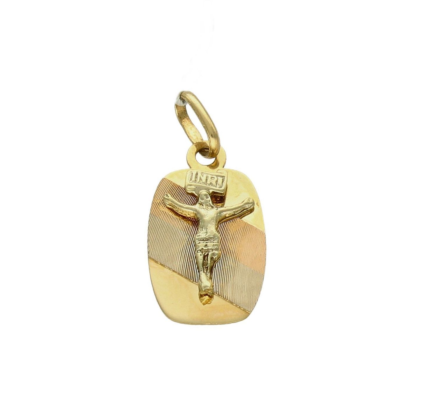 Złoty medalik 585 z wizerunkiem Jezusa na krzyżu DIA-ZAW-0474-585. Medalik będący wspaniałą pamiątką i prezentem z okazji chrztu, komunii czy bierzmowania. Zawieszka wykonana ze złota próby 585 Piękna biżuteria o bogatej symbo.jpg