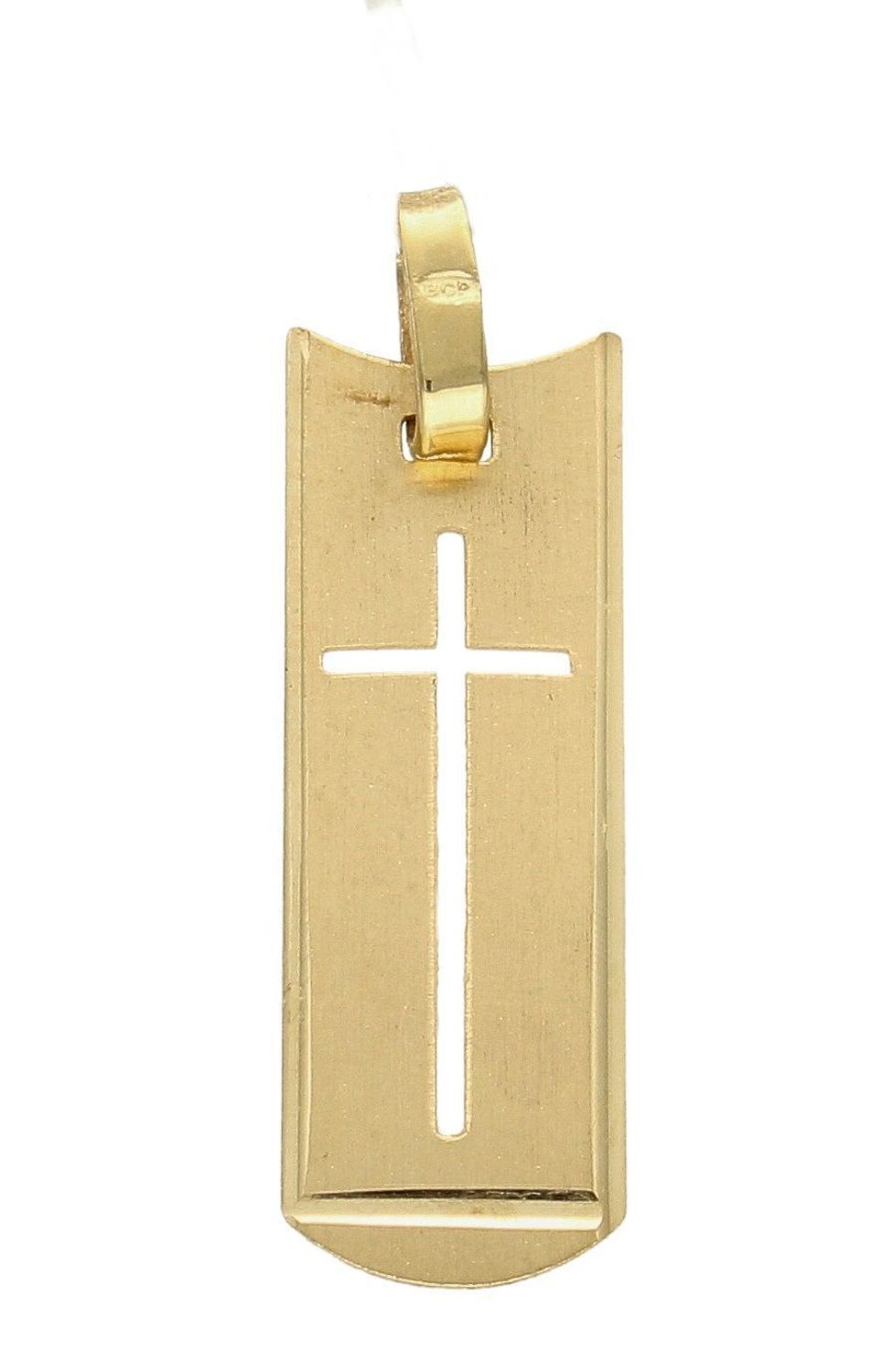Złota zawieszka na łańcuszek krzyżyk na matowej blaszce DIA-ZAW-0477MAT-585. Złoty wisiorek krzyżyk to biżuteria sakralna, która sprawdzi się jako prezent na takie okazje jak chrzest, bierzmowanie czy komunia..jpg