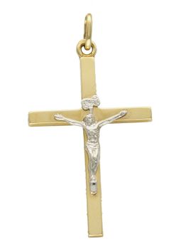 Złota zawieszka na łańcuszek krzyżyk z białym wizerunkiem DIA-ZAW-0503-585. Złoty wisiorek krzyżyk z wizerunkiem Pana Jezusa to biżuteria sakralna, która sprawdzi się jako prezent na takie okazje jak chrzest, bierzmowanie czy.jpg