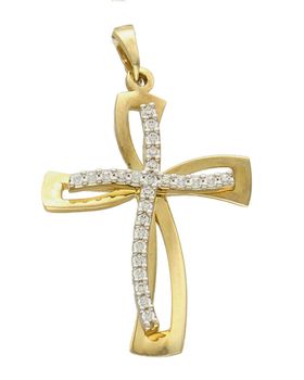 Złota zawieszka na łańcuszek krzyżyk z cyrkoniami DIA-ZAW-0506-585. Złoty wisiorek krzyżyk to biżuteria sakralna, która sprawdzi się jako prezent na takie okazje jak chrzest, bierzmowanie czy komunia..jpg