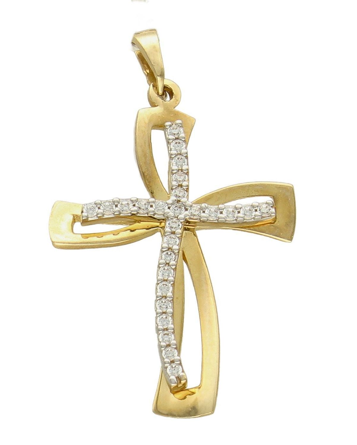 Złota zawieszka na łańcuszek krzyżyk z cyrkoniami DIA-ZAW-0506-585. Złoty wisiorek krzyżyk to biżuteria sakralna, która sprawdzi się jako prezent na takie okazje jak chrzest, bierzmowanie czy komunia..jpg