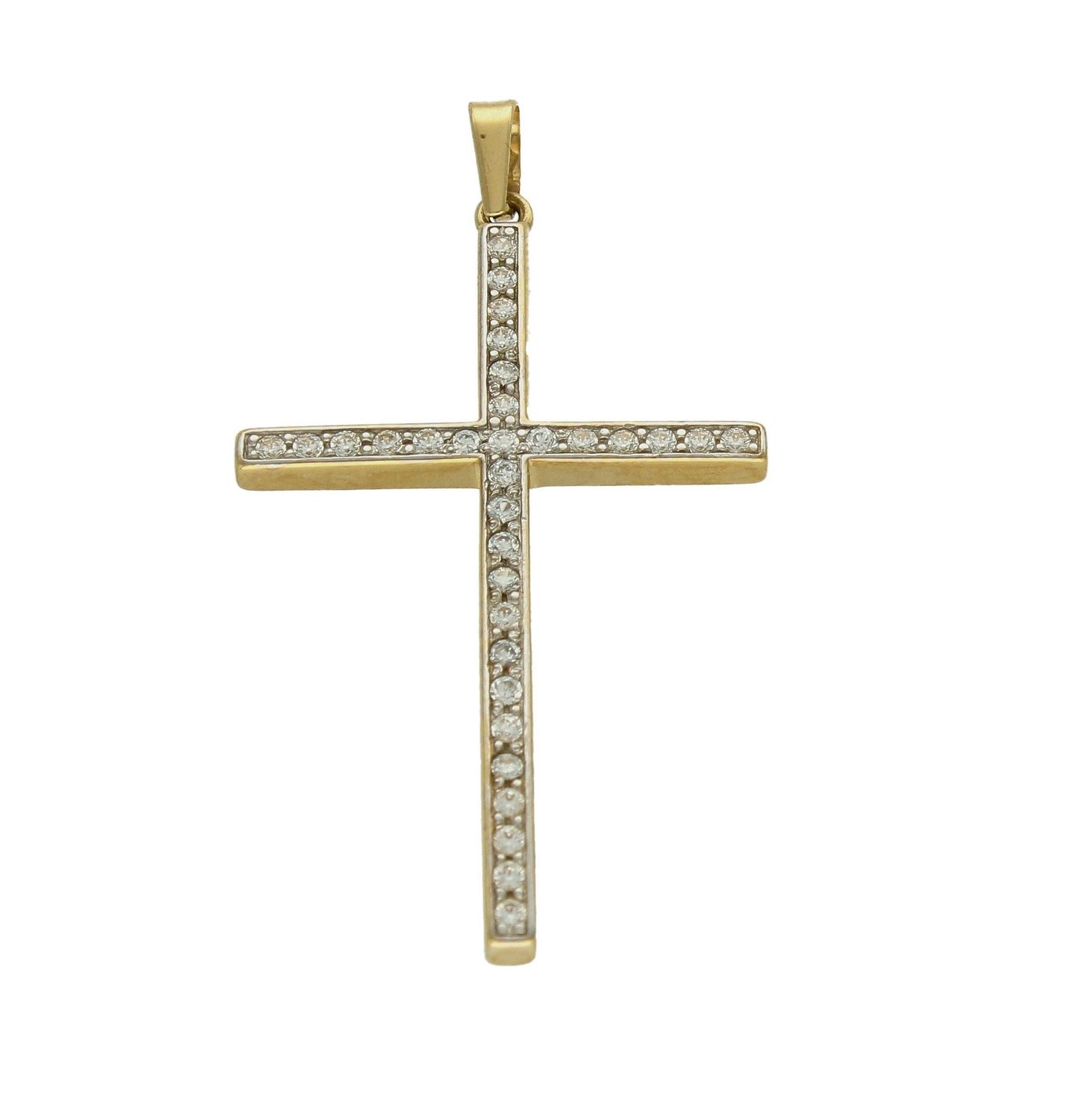 Złota zawieszka 585 krzyżyk z cyrkoniami DIA-ZAW-0508-585. Krzyżyk będzie wspaniałą pamiątką i prezentem na różne okazje jak chrzest, bierzmowanie czy pierwsza komunia. Krzyżyk wykonany z próby złota 585. Na prezent..jpg