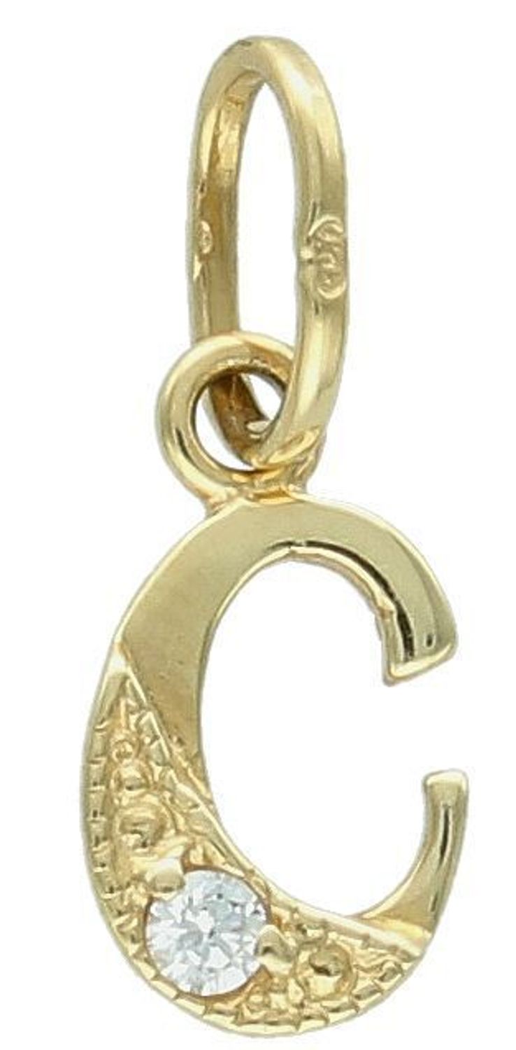 Zawieszka złota Literka C z cyrkonią, pr 585, DIA-ZAW-0565-585 Jedyna w swoim rodzaju złota zawieszka w kształcie literki C, ozdobiona cyrkonią. Wisiorek został wykonany z najwyższej jakości 1.jpg
