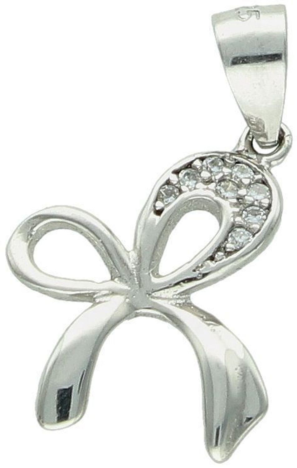 Zawieszka srebrna próba 925 kokardka z cyrkoniami DIA-ZAW-0799-925 Elegancka zawieszka srebrna w kształcie kokardki, wykonana z srebra próby 925 i ozdobiona subtelnymi cyrkoniami,1.jpg