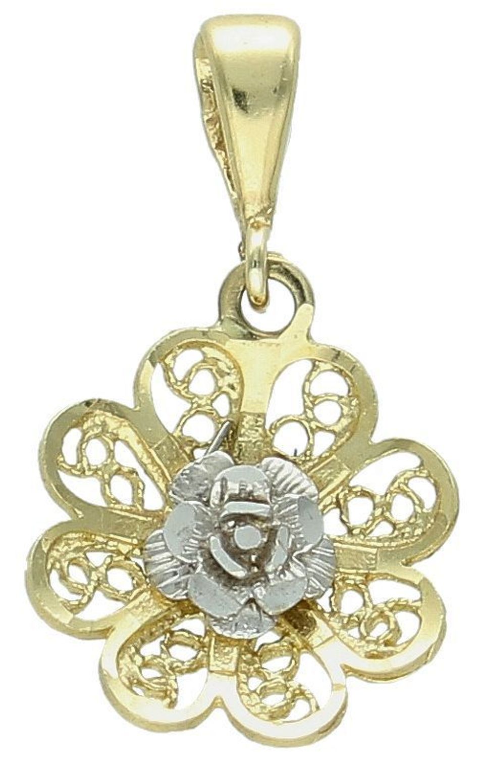 Zawieszka złota Kwiat ażurowy z białym złotem próba 585 DIA-ZAW-0917-585. Złoty wisiorek z kwiatem. Złota biżuteria bez cyrkonii. Elegancka zawieszka złota.  Biżuteria na prezent.1.jpg