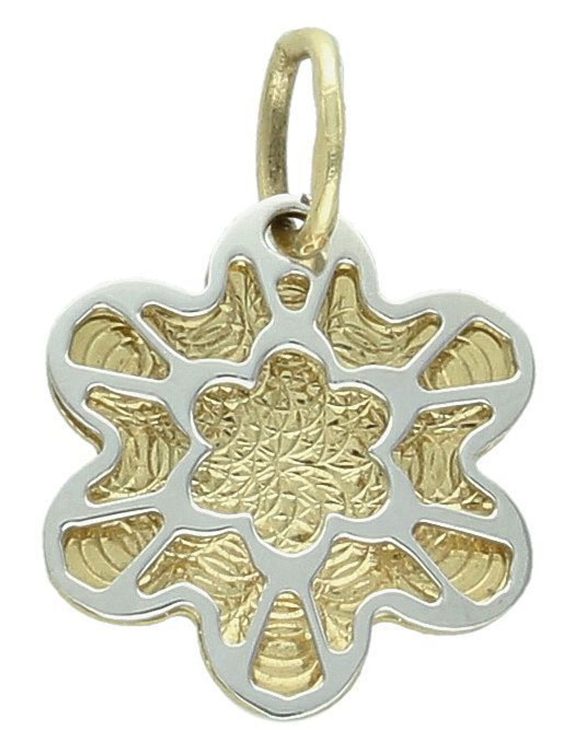 Zawieszka złota Kwiat ażurowy z białym złotem próba 585 DIA-ZAW-0918-585. Złoty wisiorek z kwiatem. Złota biżuteria bez cyrkonii. Elegancka zawieszka złota.  Biżuteria na prezent. 1.jpg