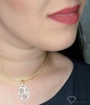 Złota zawieszka 585 łezka z białym złotem. Piękny, złoty wisiorek o ciekawym wzorze z motywem ażurowej zawieszki wykonana z żółtego i białego 14-karatowego złota z wysokiej próby 585 (2).JPG