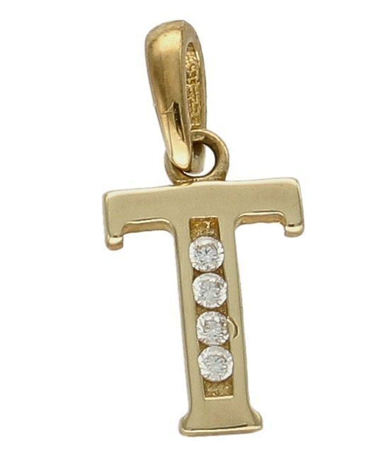 Złota zawieszka 333 literka T ozdobiona cyrkoniami DIA-ZAW-10038-333. Piękny, złoty wisiorek o ciekawym wzorze wykonany z żółtego złota próby 333. Personalizowana zawieszka to doskonały pomysł na prezent dla każdej kobiety. Za.jpg