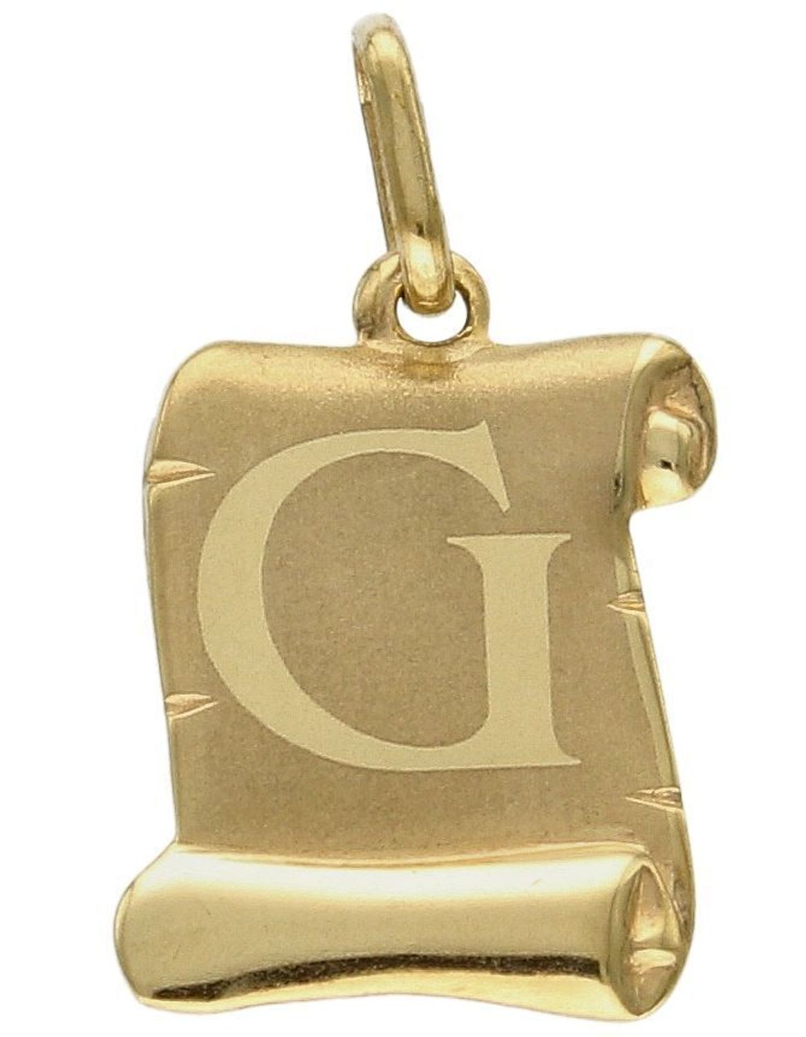 Złota zawieszka literka G na papirusie DIA-ZAW-10041-333. Wisiorek został wykonany z najwyższej jakości złota próby 333 na papirusie. Złoty wisiorek literka G na papirusie. Zawieszka damska z literką. Idealna zawieszka na prez.jpg