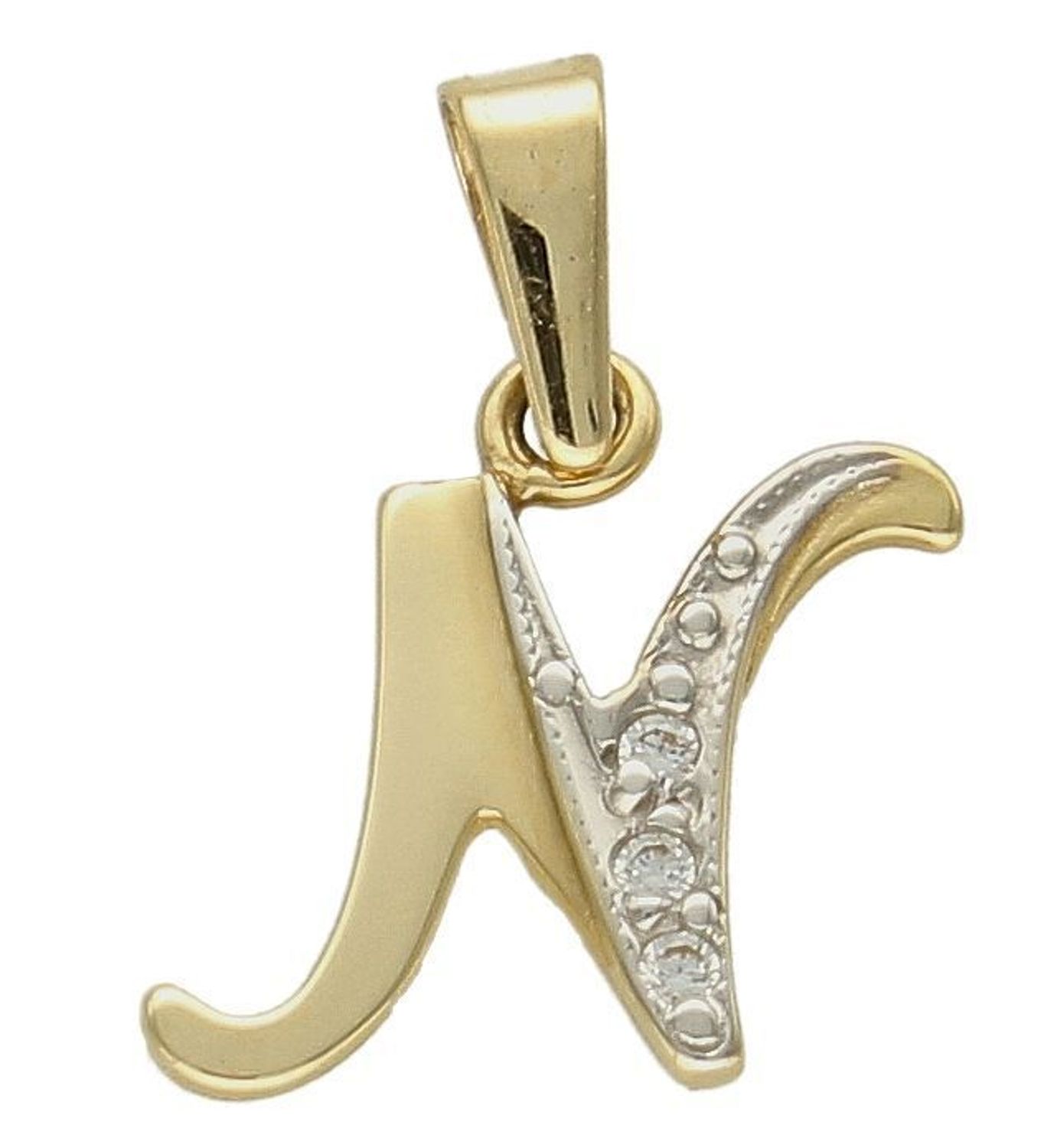 Złota zawieszka 585 literka N ozdobiona cyrkonią DIA-ZAW-10048-585. Złoty wisiorek próby 585. Wisiorek literka z cyrkoniami. Zawieszka złota do łańcuszka literka N. Literka zawieszka idealny pomysł na prezent..jpg