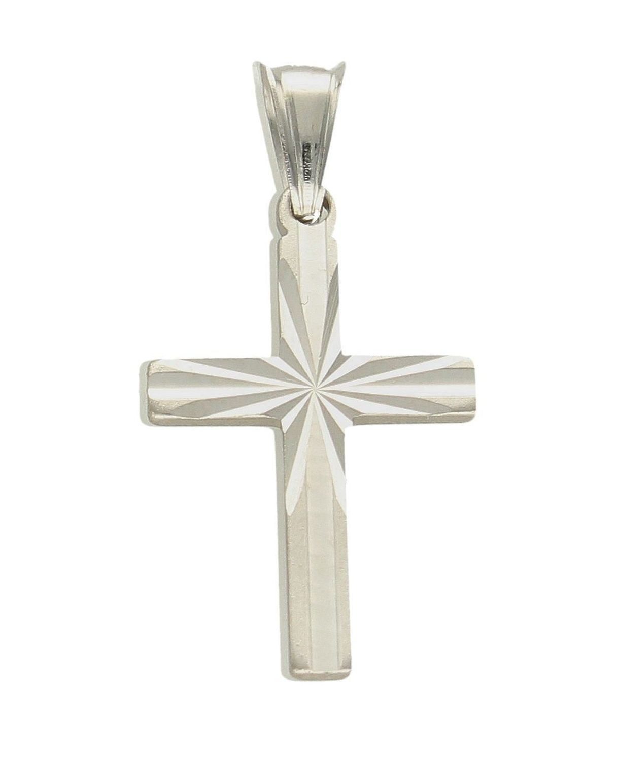 Zawieszka srebrna krzyżyk grawerowany DIA-ZAW-100934-925. Srebrny krzyżyk wykonany z próby 925 z grawerem w postaci dwóch równoległych i prostopadłych  linii zbiegających się na środku. Piękny i kunsztownie wykonany srebrny.jpg