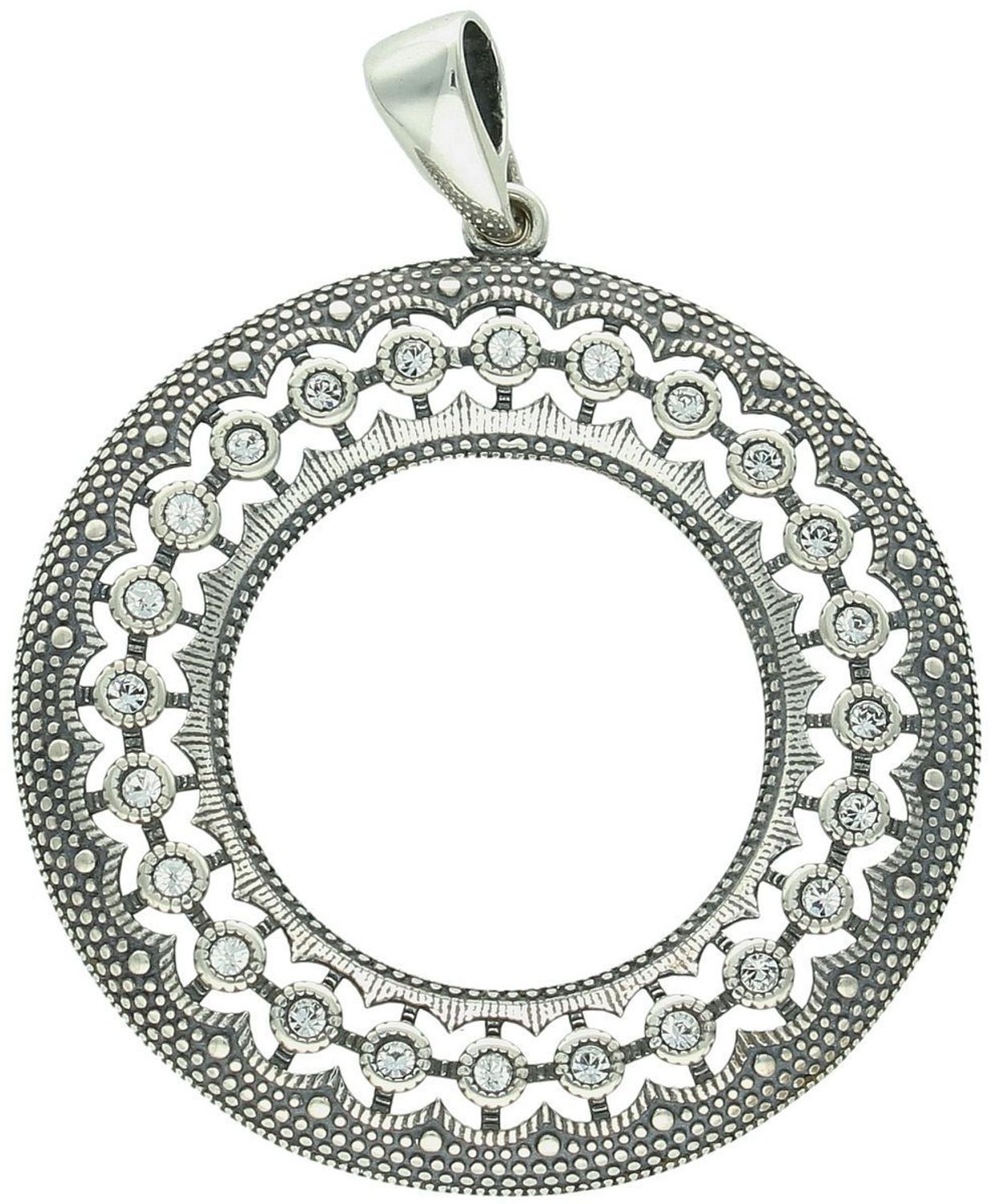 Okrągła zawieszka damska ze srebra próby 925 z cyrkoniami i ażurowym środkiem. Duży, elegancki wzór – długość 5 cm, szerokość 4 cm, waga 7,95 g. Idealna jako ozdoba lub prezent.1.jpg
