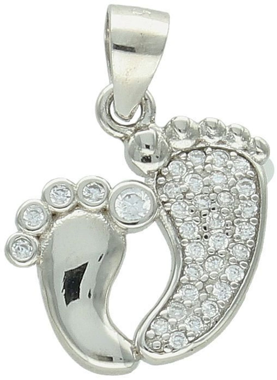 Zawieszka srebrna próba 925, stópki z cyrkoniami DIA-ZAW-10621-925 Urocza zawieszka srebrna w kształcie stópek, ozdobiona błyszczącymi cyrkoniami, wykonana z wysokiej jakości srebra próby 925 1.jpg