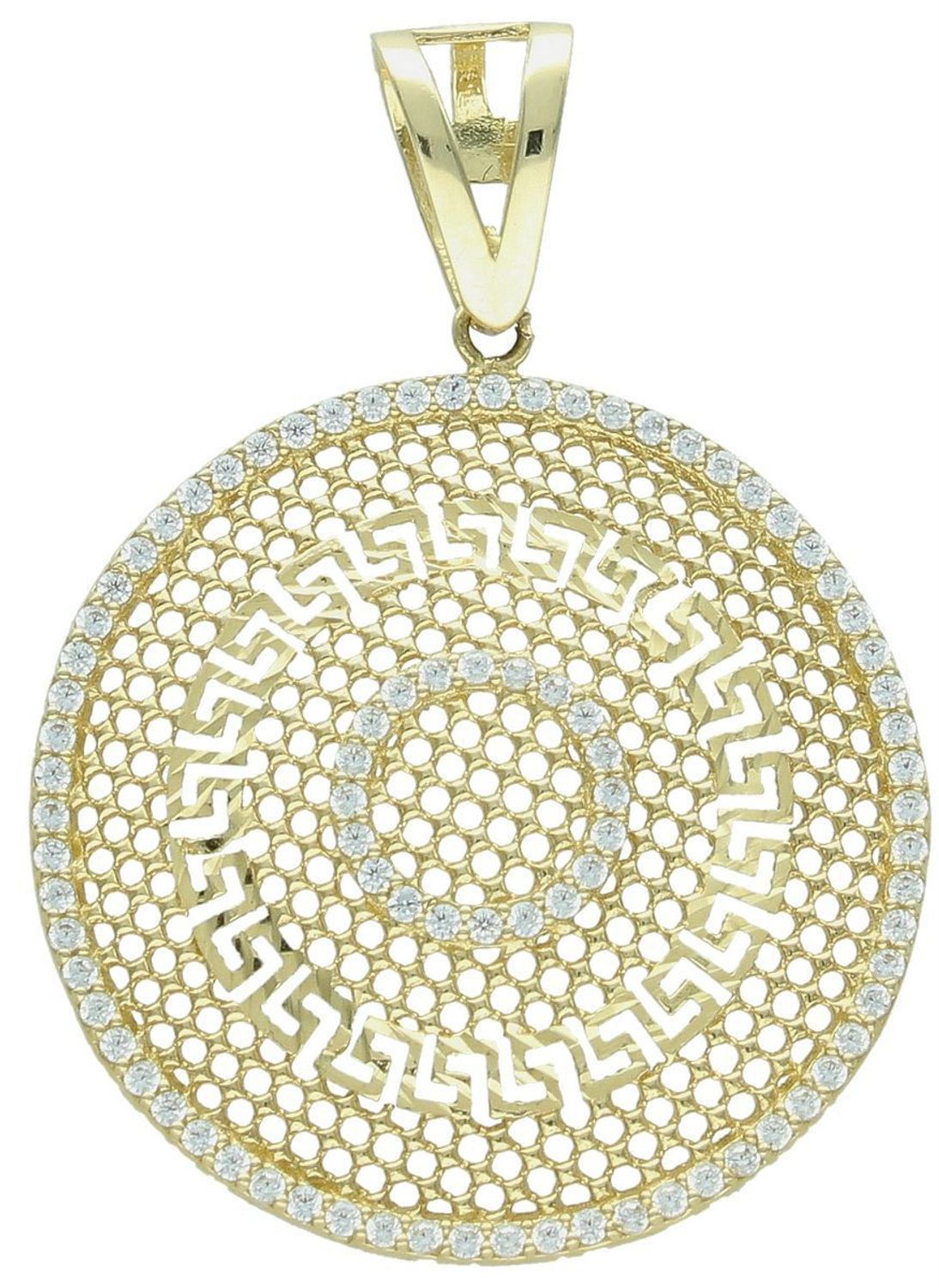 Złota zawieszka kółko z cyrkoniami, droga grecka próba 585 3 cm DIA-ZAW-10894-585. Złoty wisiorek został wykonany z wysokiej jakości złota próby 585. Zawieszka duża złota. Złota zawieszka na1.jpg
