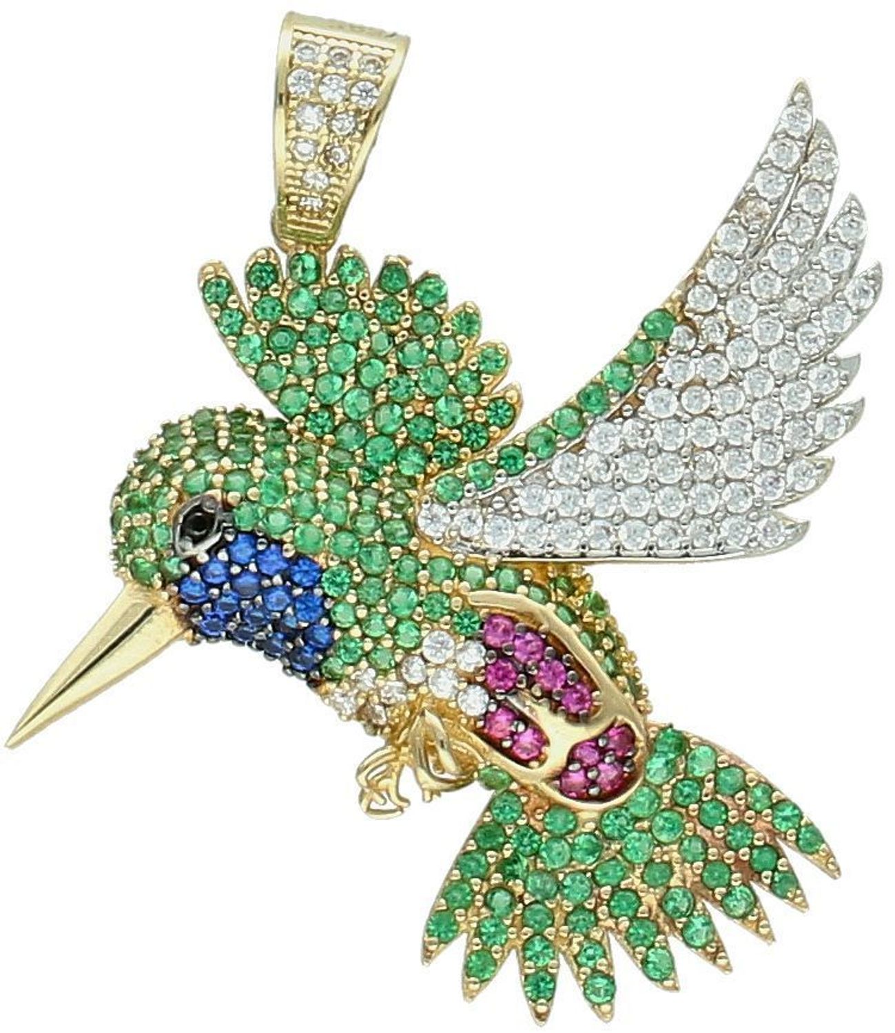 Złota zawieszka damska próba 585 w kształcie kolibra, ozdobiona kolorowymi cyrkoniami. Wymiary 3,7 cm x 4 cm, waga 4,51 g. Radość i szczęście w eleganckiej biżuterii.1.jpg