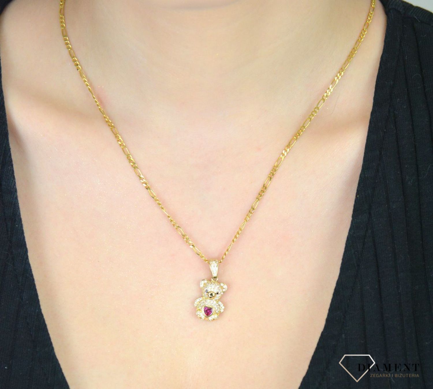 Złota zawieszka miś bogato ozdobiona cyrkoniami i rubinowym serduszkiem 585.jpg