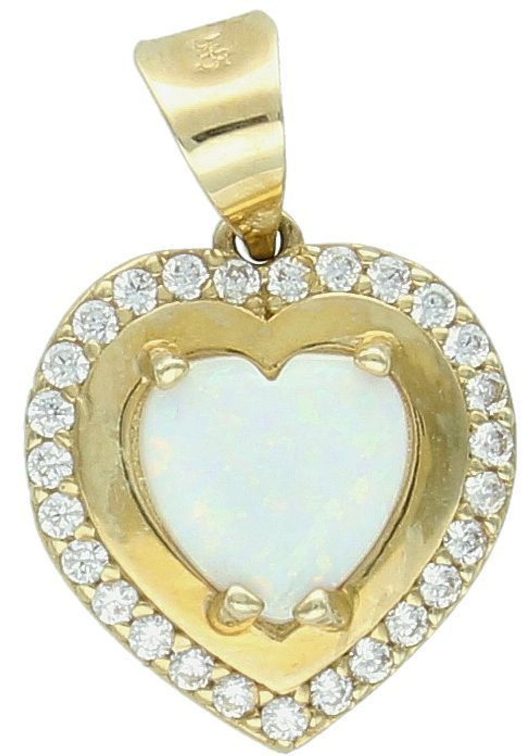 Zawieszka złota serce z opalem pr 585, DIA-ZAW-11056-585 Zawieszka w kształcie serca, wykonana z wysokiej jakości złota próby 585, to wyjątkowy dodatek, który łączy naturalne piękno opalu z 1.jpg
