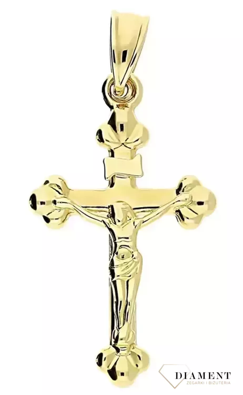 Krzyżyk z wizerunkiem Pana Jezusa DIA-ZAW-11256-375 z ozdobnym grawerem wykonany ze złota próby 375. Zawieszka wykonana z niezwykłą starannością i dbałością o szczegóły.webp