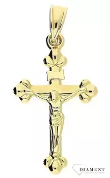 Krzyżyk z wizerunkiem Pana Jezusa DIA-ZAW-11256-375 z ozdobnym grawerem wykonany ze złota próby 375. Zawieszka wykonana z niezwykłą starannością i dbałością o szczegóły.webp