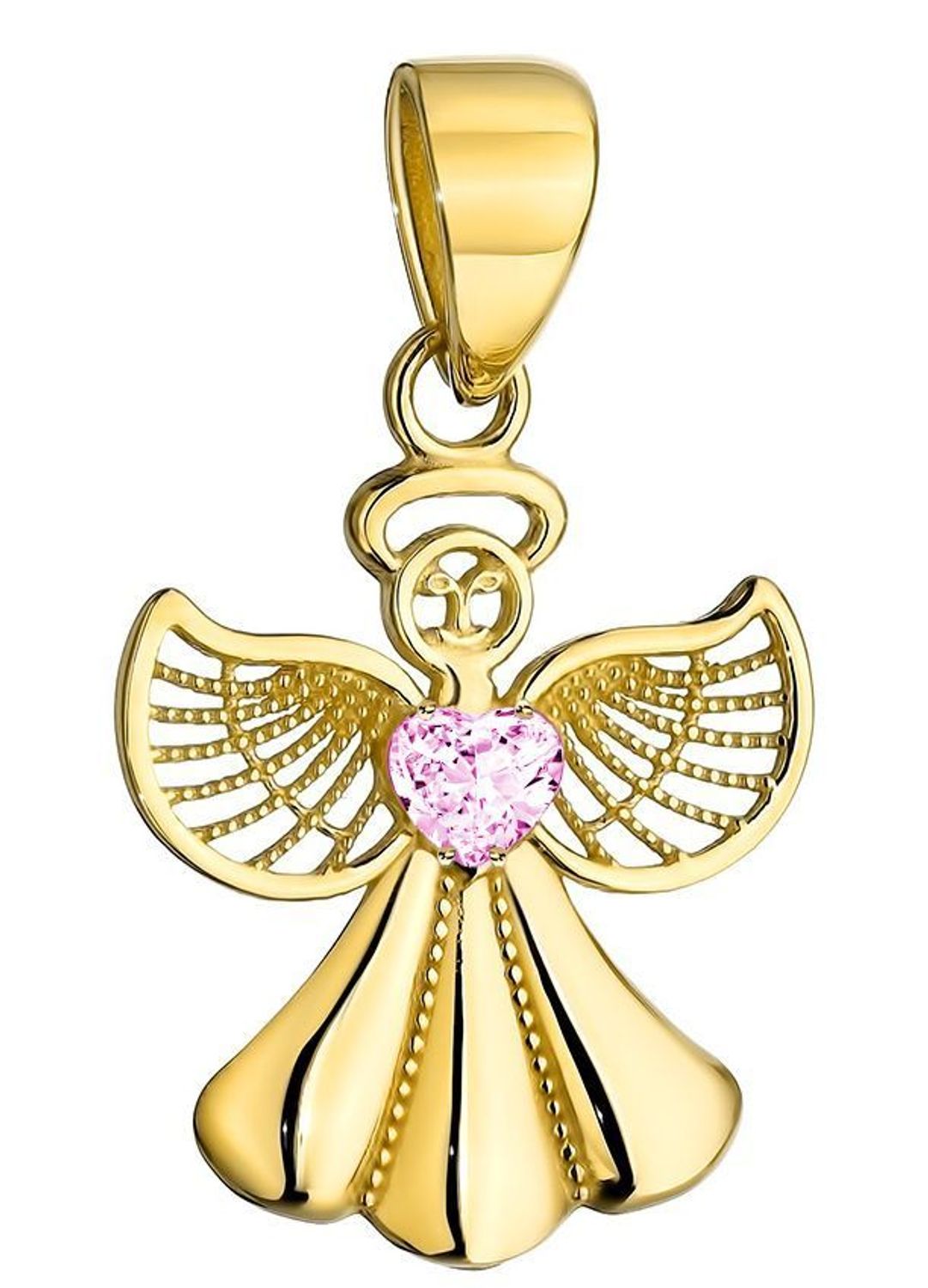 Zawieszka złota aniołek z różową cyrkonią, próba 585, DIA-ZAW-12115-585  Wisiorek został wykonany z wysokiej jakości złota próby 585, ozdobiona różową cyrkonią w formie serca.jpg