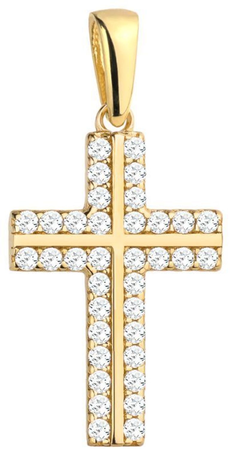 Zawieszka złota krzyż cyrkonie próba 585, DIA-ZAW-12181-585 Złoty wisiorek o kształcie krzyżyka został wykonany z wysokiej próby złota 585 w kolorze żółtego, ozdobiony cyrkoniami..jpg