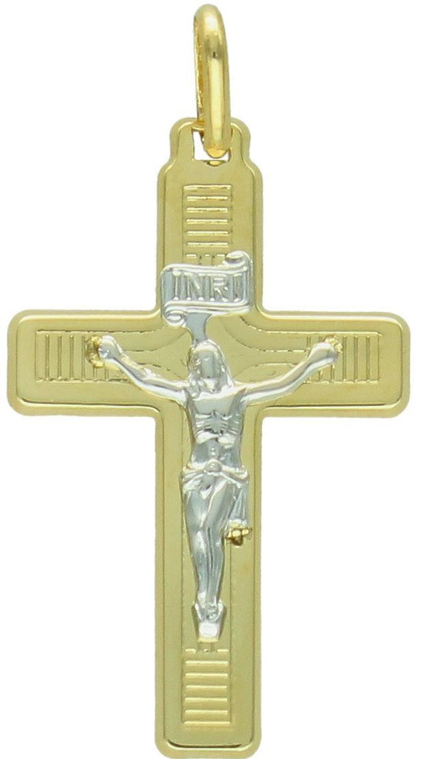 Zawieszka złoty krzyż z wizerunkiem Jezusa próba 585, DIA-ZAW-12618-585 łoty wisiorek krzyżyk, wykonany z żółtego i białego złota. Biżuteria sakralna. Wisiorek wykonany z największą starannością.jpg