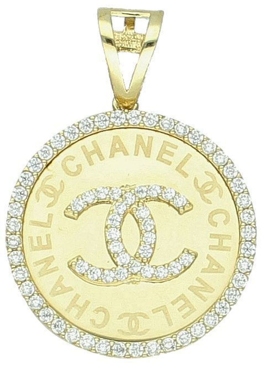 Zawieszka złota okrągła blaszka chanelka pr 585, DIA-ZAW-12911-585 Złota zawieszka 585 o wzorze chanel z cyrkoniami. Piękny, złoty wisiorek o ciekawym i modnym wzorze chanel wykonana 1.jpg