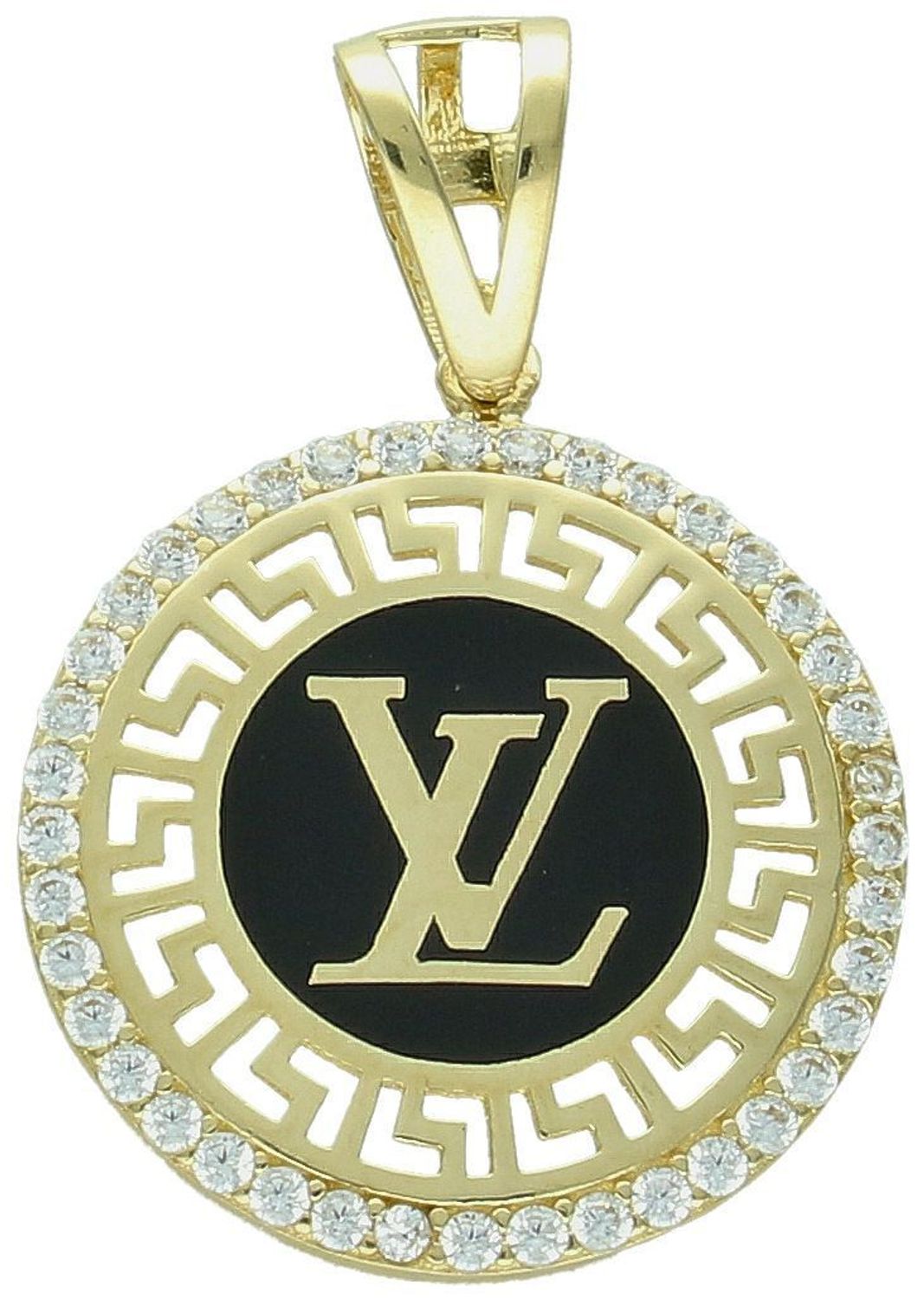 Zawieszka złota próba 585 okrągła LV z emalią i cyrkoniami DIA-ZAW-12915-585 Wykonana z wysokiej jakości złota próby 585, przyciąga uwagę nie tylko szlachetnym materiałem, ale również 1.jpg