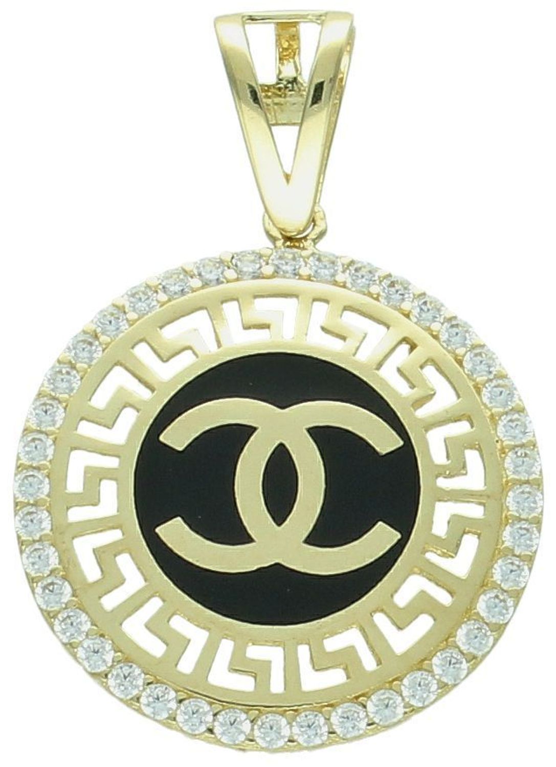 Zawieszka złota okrągła chanelka z czarną emalią i cyrkonią próba 585, DIA-ZAW-12917-585 Złota zawieszka Chanelka o okrągłym kształcie to subtelny, ale elegancki 1.jpg