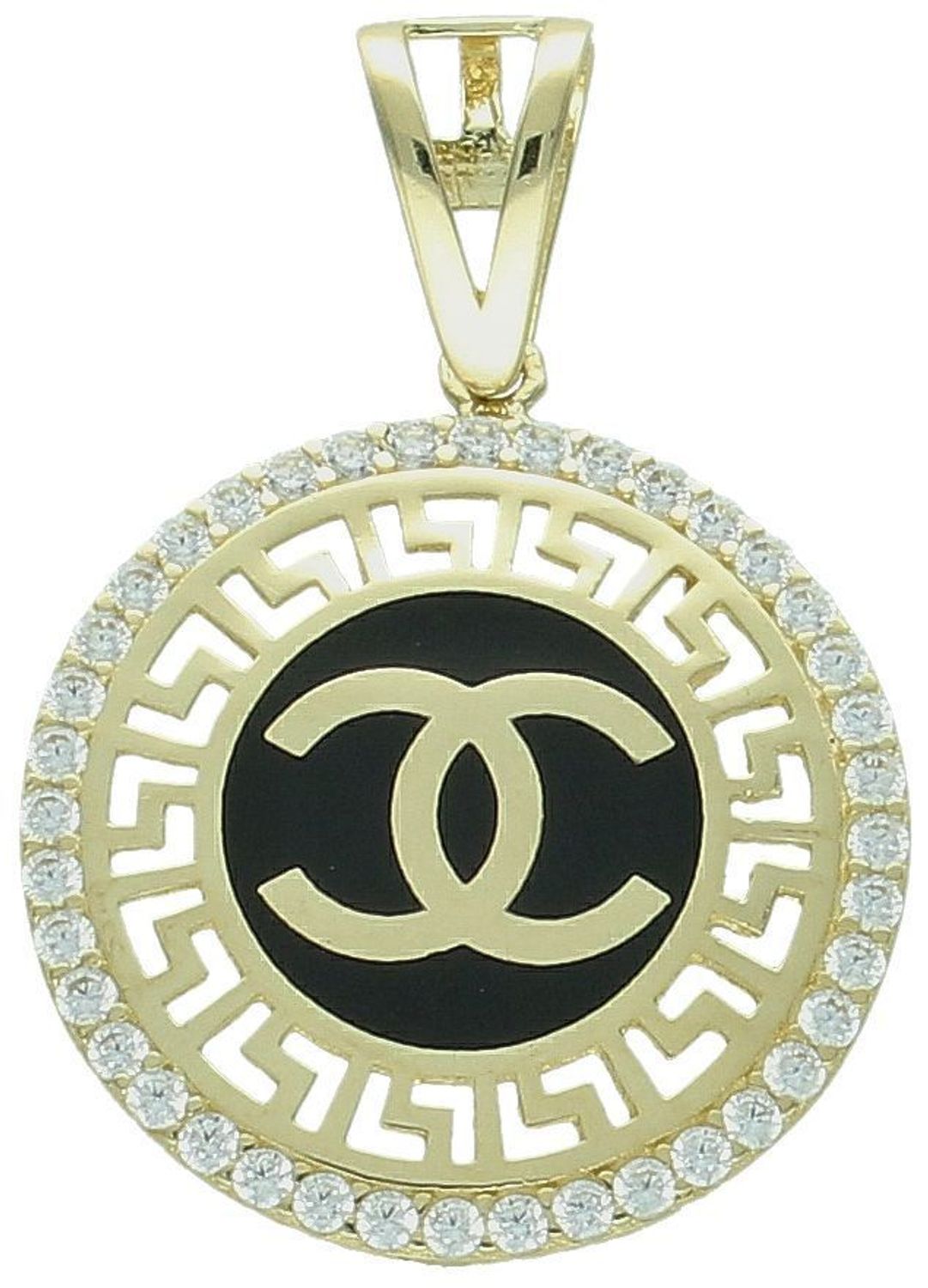 Zawieszka złota okrągła chanelka z czarną emalią i cyrkonią próba 585, DIA-ZAW-12917-585 Złota zawieszka Chanelka o okrągłym kształcie to subtelny, ale elegancki 1.jpg