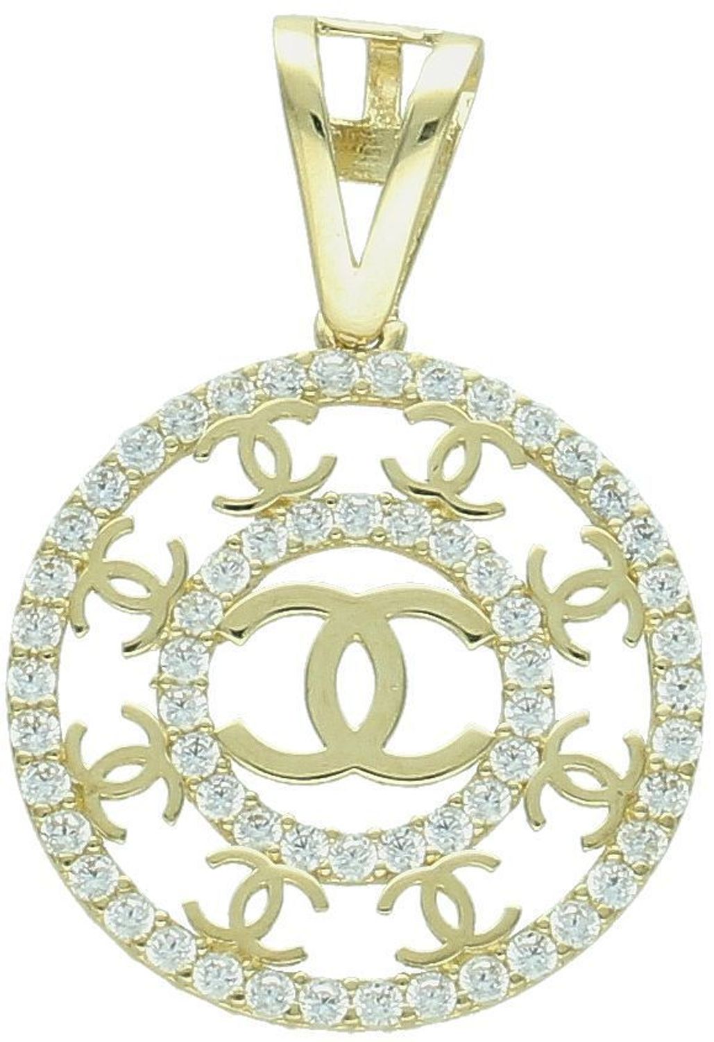 Zawieszka złota próby 585 chanelka okrągła z cyrkoniami DIA-ZAW-12918-585 Złota zawieszka Chanelka w formie eleganckiego koła to ponadczasowy dodatek, który zachwyca swoim blaskiem i subtelną 1.jpg