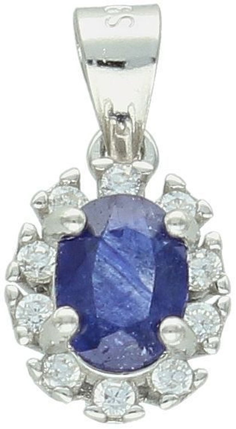 Zawieszka damska srebrna próby 925 z naturalnym owalnym szafirem i cyrkoniami. Wymiary 1,7 cm x 9 mm, waga 1,50 g. Model DIA-ZAW-13081-925 – elegancka i subtelna biżuteria.1.jpg