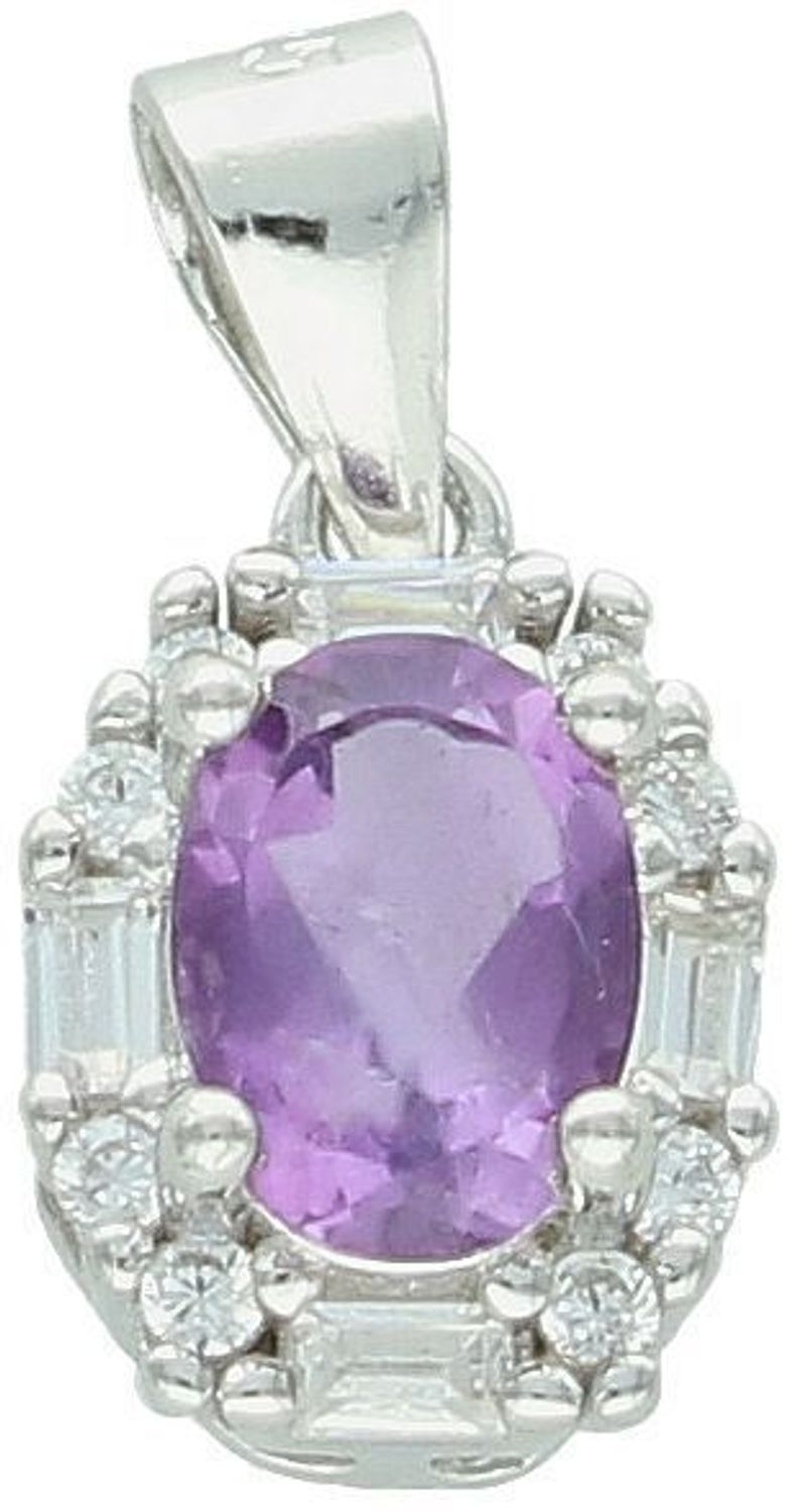Zawieszka damska srebrna próby 925 z owalnym ametystem i cyrkoniami. Wymiary 1,5 cm x 1,0 cm, waga 1,50 g. Model DIA-ZAW-13085-925 – subtelna i elegancka biżuteria.1.jpg
