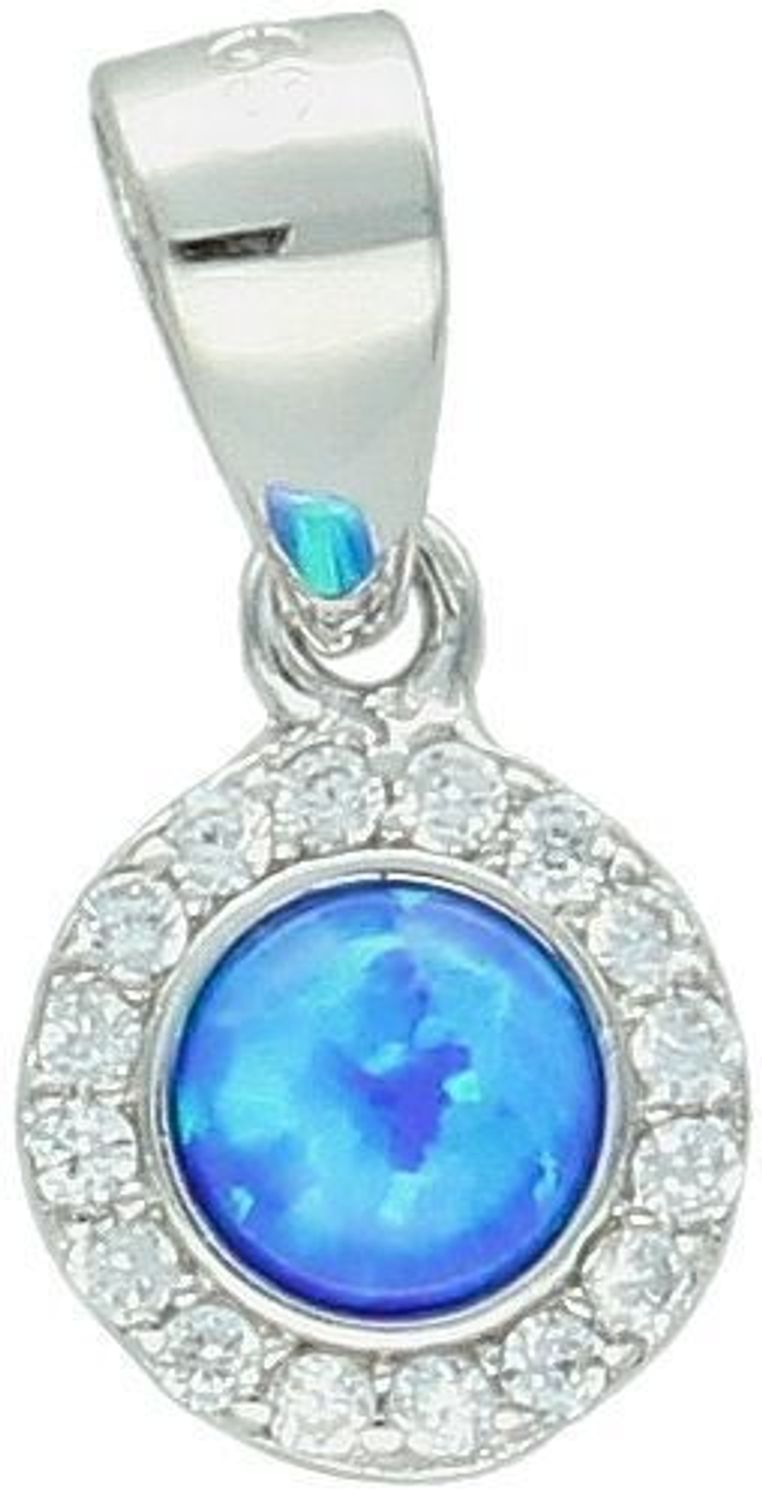 Zawieszka srebrna damska z niebieskim syntetycznym opalem i cyrkoniami. Próba 925, wymiary 1,3 cm x 7 mm, lekka – 0,50 g. Idealna jako elegancki dodatek lub prezent.1.jpg