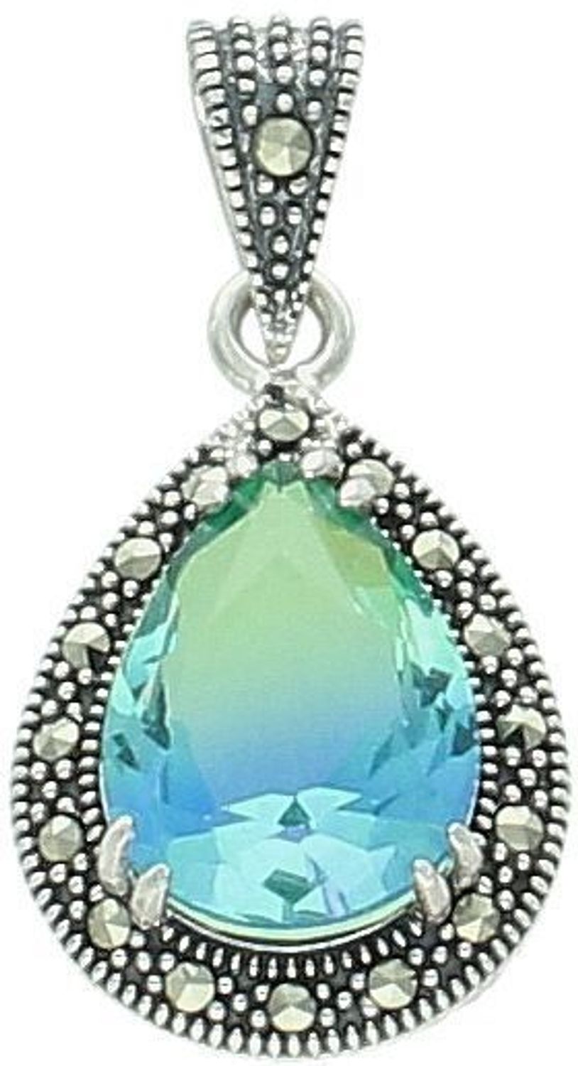 Zawieszka srebrna próby 925 w kształcie łezki, zdobiona cyrkonią niebiesko-zieloną i markazytami. Model DIA-ZAW-13186-925, długość 3,0 cm, szerokość 1,5 cm, waga 3,20 g. 1.jpg