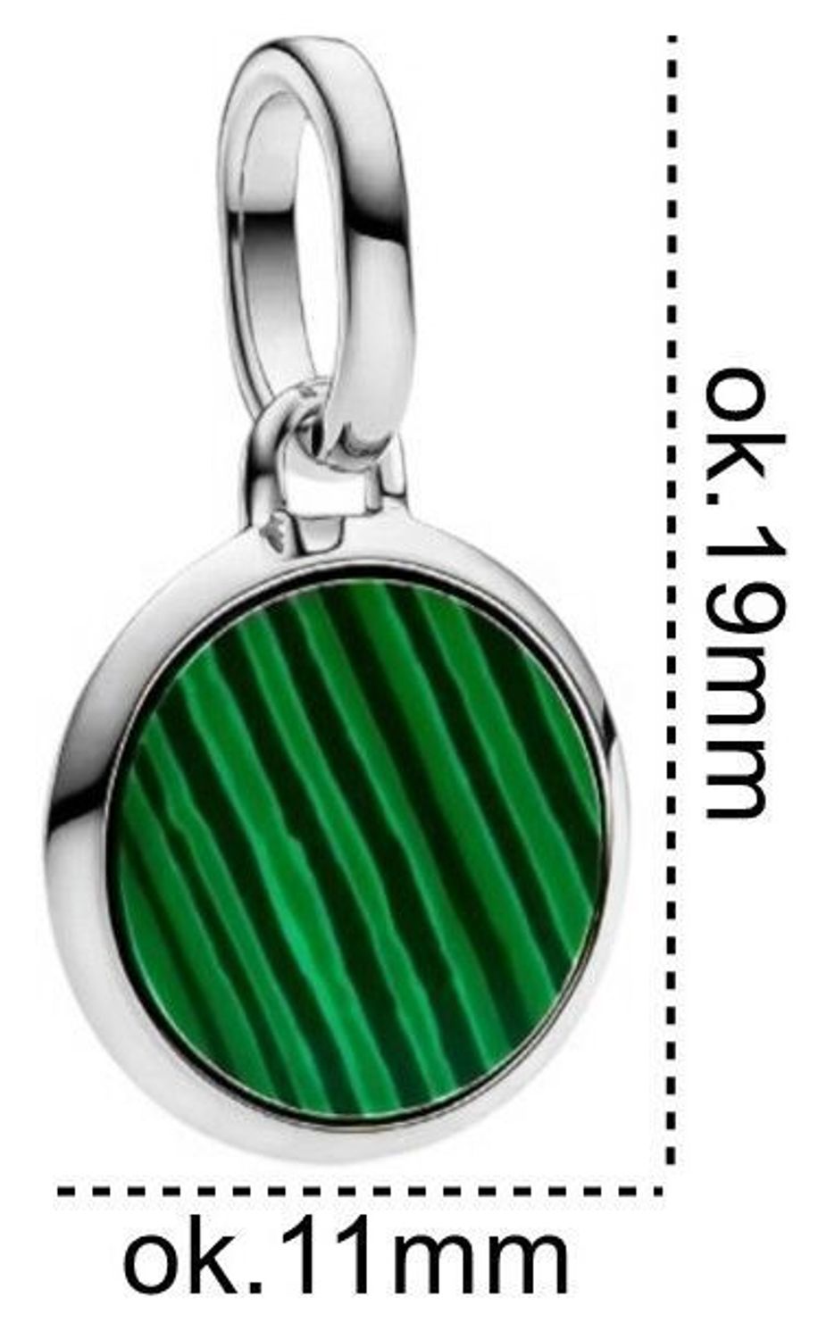 Zawieszka damska srebrna próby 925 DIA-ZAW-13193-925 z naturalnym malachitem. Okrągły kształt, długość z oczkiem 1,8 cm, szerokość 1,0 cm, waga 1,20 g. Elegancka i pełna symboliki biżuteria.22.jpg