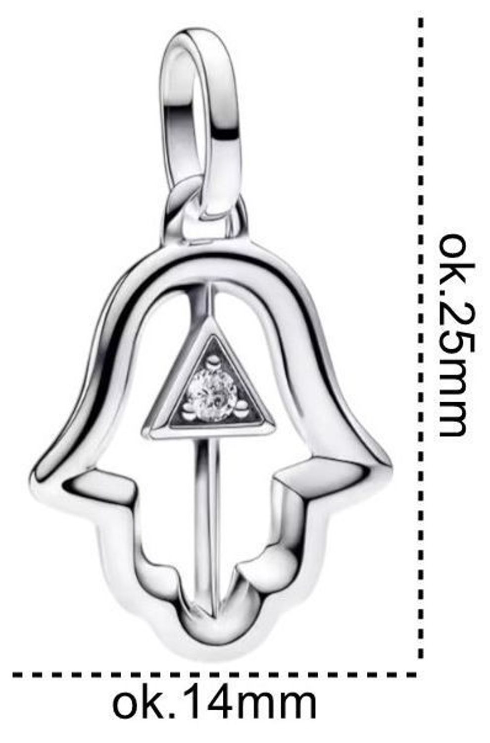 Zawieszka srebrna 925 DIA-ZAW-13198-925 w kształcie Ręki Fatimy, zdobiona cyrkoniami. Długość 2,5 cm, szerokość 1,4 cm, waga 1,95 g. Symboliczna i elegancka biżuteria z przesłaniem.1.jpg