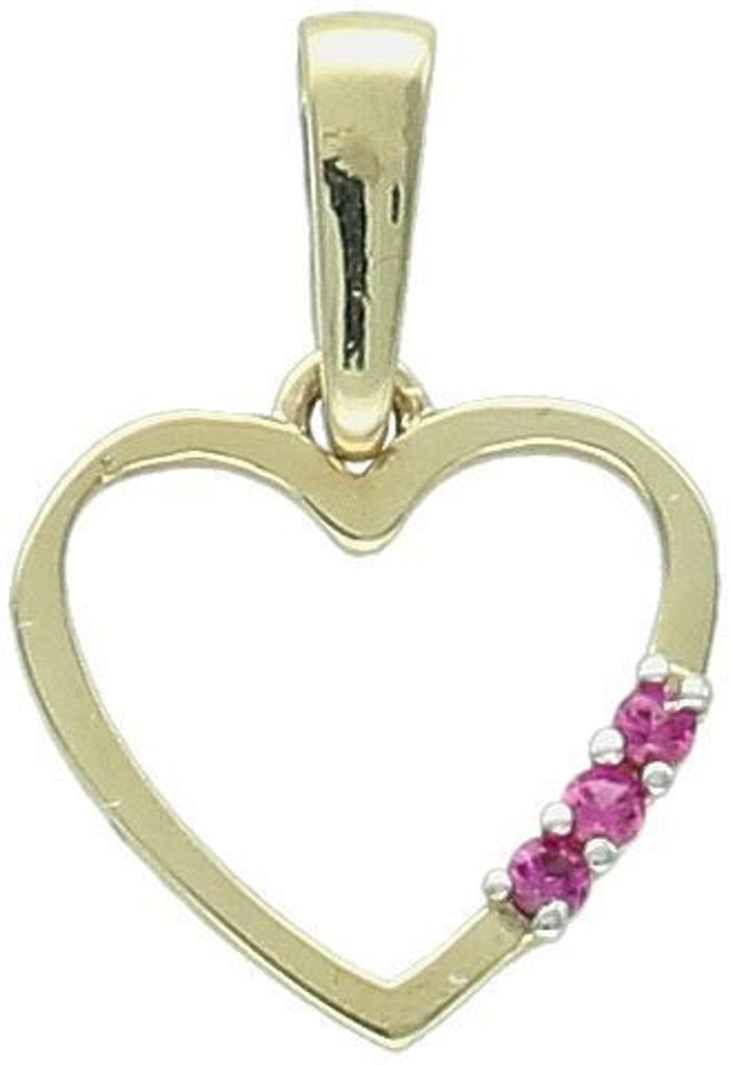 Złota zawieszka w kształcie serca z trzema różowymi cyrkoniami – model DIA-ZAW-13295-585. Próba 585, waga 0,50 g, wymiary 1,7 x 1,0 cm. Romantyczna i subtelna biżuteria dla niej.1.jpg