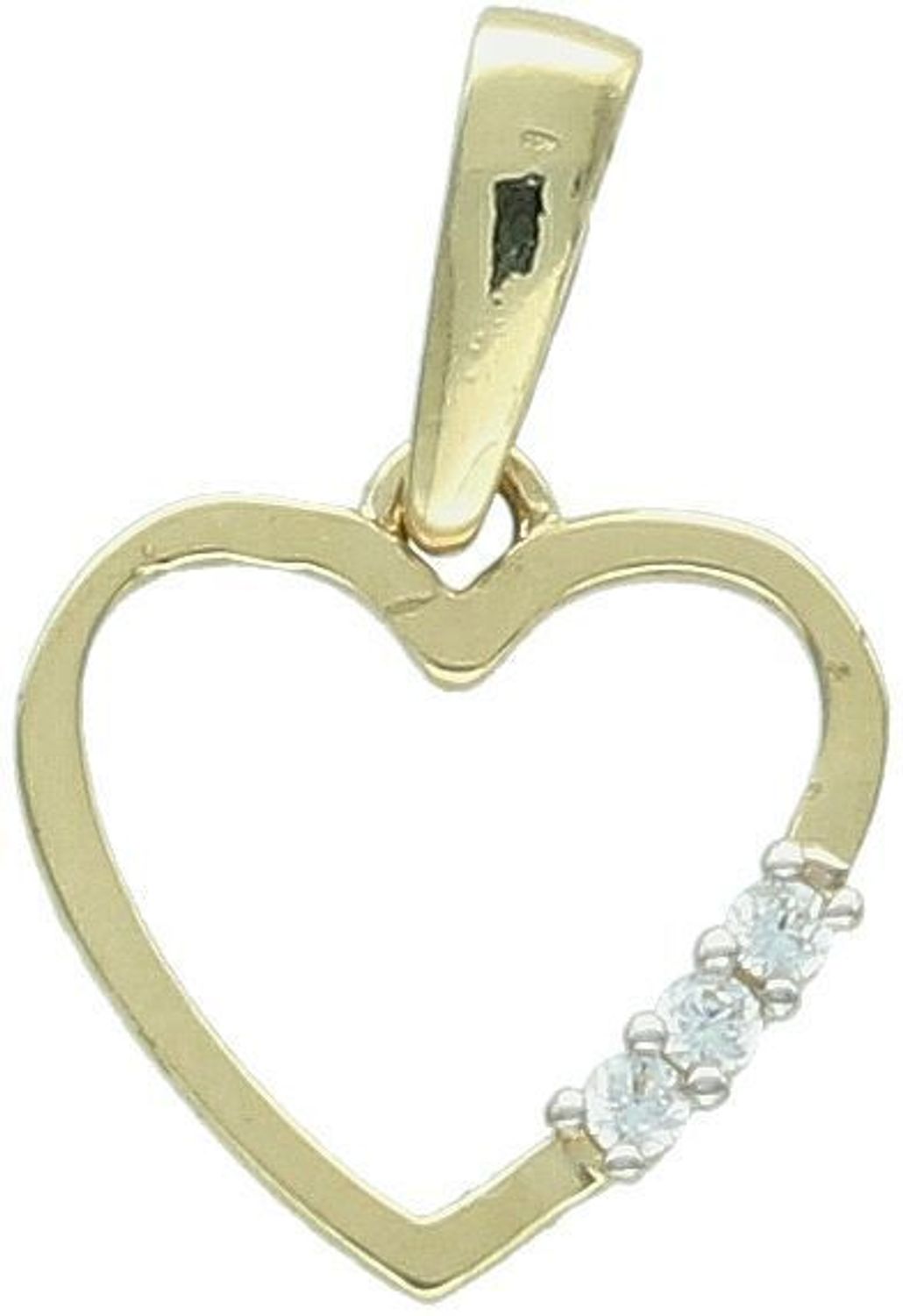 Złota zawieszka w kształcie serduszka z trzema cyrkoniami, model DIA-ZAW-13296-585. Próba 585, waga 0,50 g, wymiary 1,6 x 1,0 cm. Lekka, subtelna i idealna na prezent.1.jpg