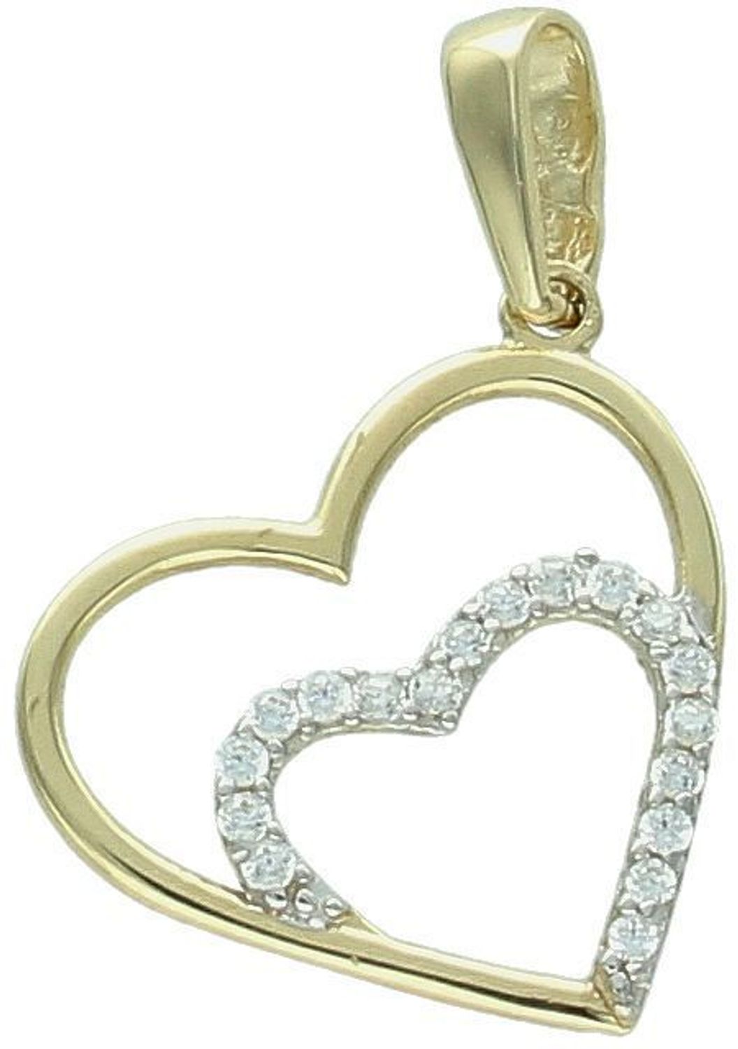 Złota zawieszka serce w sercu z cyrkoniami – model DIA-ZAW-13297-585. Próba 585, 0,65 g, wymiary 2,2 x 1,5 cm. Subtelna biżuteria z przesłaniem – idealna na prezent.1.jpg