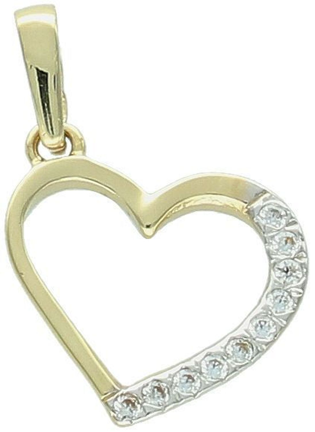 Złota zawieszka w kształcie serca zdobiona cyrkoniami – model DIA-ZAW-13298-585. Próba 585, waga 0,98 g, wymiary 2,0 x 1,3 cm. Stylowy i kobiecy dodatek – idealny na prezent.1.jpg