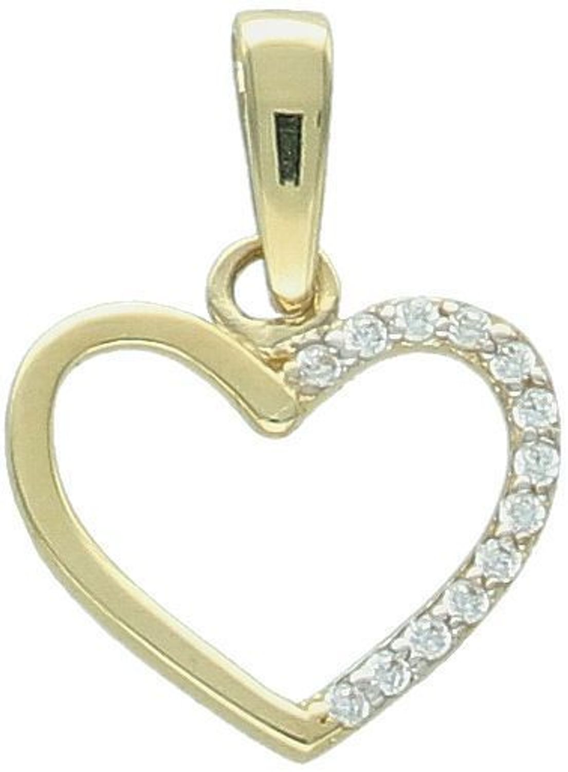 Złota zawieszka w kształcie serca z cyrkoniami – model DIA-ZAW-13299-585. Próba 585, waga 0,61 g, wymiary 1,7 x 1,2 cm. Stylowa i romantyczna biżuteria idealna na prezent.1.jpg