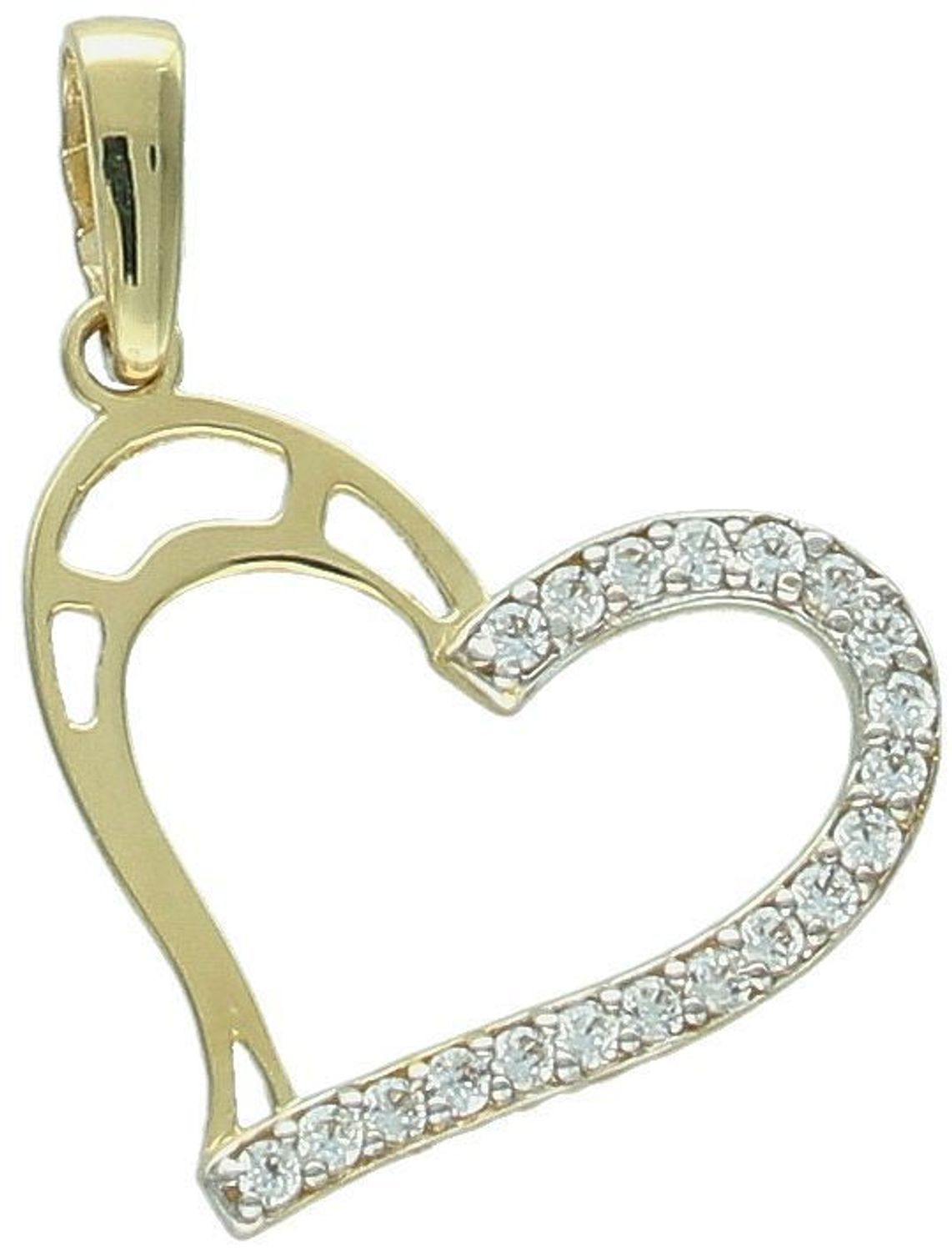 Złota zawieszka w kształcie serca DIA-ZAW-13300-585, próba 585, zdobiona białymi cyrkoniami z jednej strony. Waga 0,89 g, wymiary 2,1 x 1,8 cm. Idealna na prezent.1.jpg
