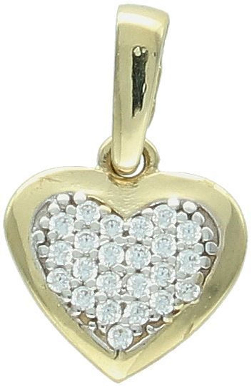 Złota zawieszka DIA-ZAW-13301-585 w kształcie serca, zdobiona błyszczącymi cyrkoniami. Próba 585, waga 0,72 g, wymiary 1,5 x 1,0 cm. Romantyczna biżuteria idealna na prezent.1.jpg