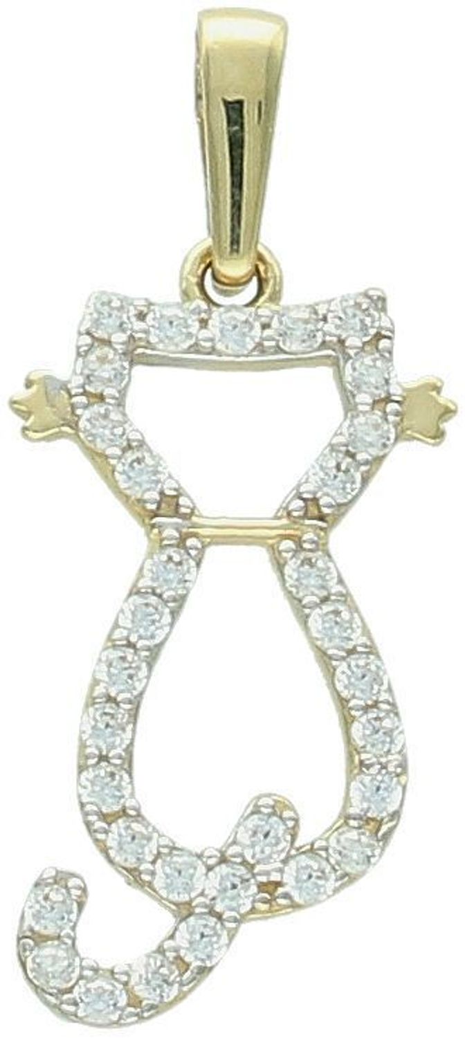 Złota zawieszka DIA-ZAW-13303-585 w kształcie kota z białymi cyrkoniami. Próba 585, waga 1,03 g, wymiary 2,6 cm x 8 mm. Uroczy i elegancki dodatek – idealny na prezent.1.jpg