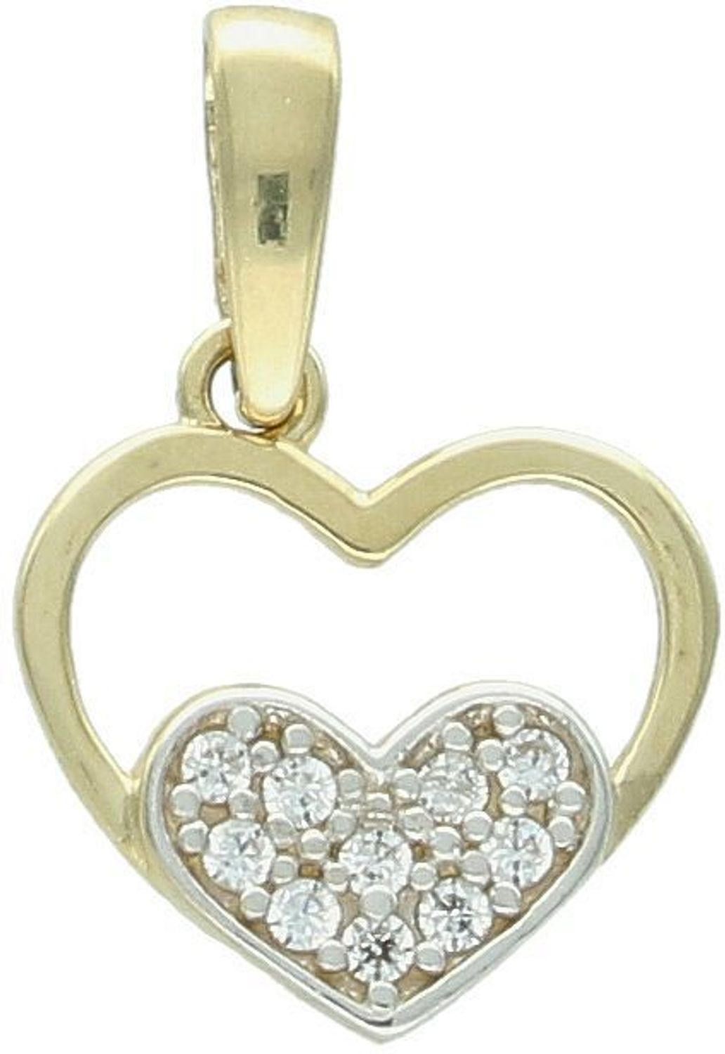 Złota zawieszka damska DIA-ZAW-13305-585 w kształcie serca, zdobiona błyszczącymi cyrkoniami. Próba 585, waga 0,80 g, wymiary 1,7 x 1,2 cm. Idealna biżuteria na prezent.1.jpg